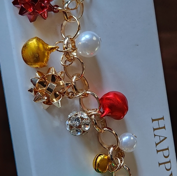 Gold Tone Holiday Christmas Bow Jingle Bell Faux Pearl Crystal Rolo Bracelet 8" - Picture 3 of 6
